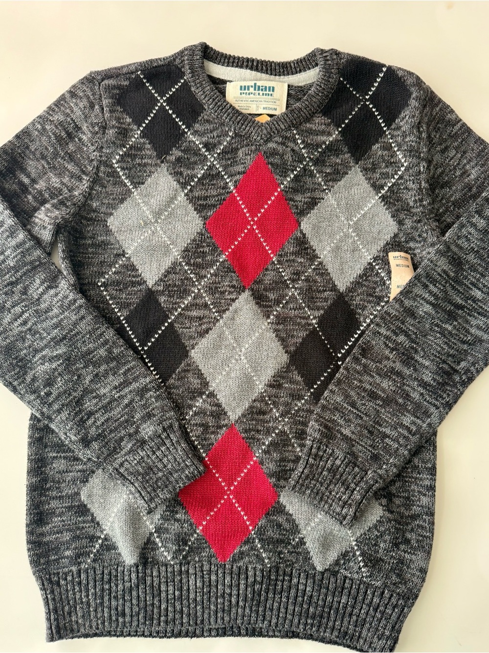 urban republic Gray Argyle Crewneck Sweater with Red Accent